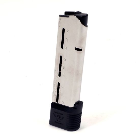 Wilson Combat, Magazine, 45 ACP, 10 Rounds, Fits Elite Tactical, Silver, Steel, Black Polymer Base Pad, 500-45FS10, 811826022752, WC-500-45FS10, RTG Parts
