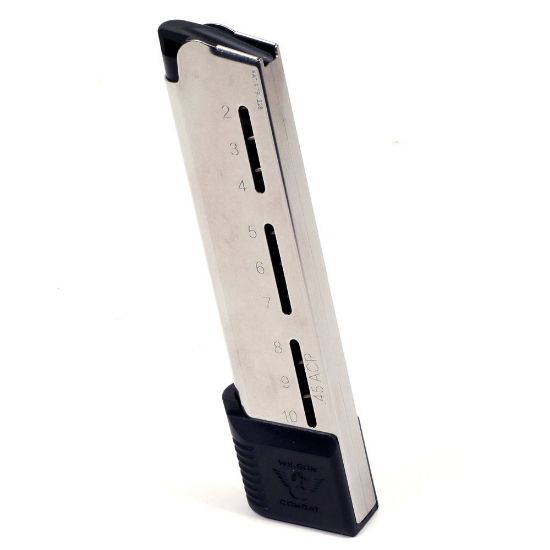 Wilson Combat, Magazine, 45 ACP, 10 Rounds, Fits Elite Tactical, Silver, Steel, Black Polymer Base Pad, 500-45FS10, 811826022752, WC-500-45FS10, RTG Parts