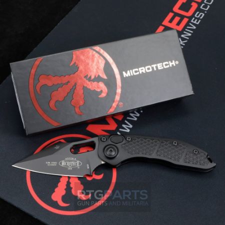 Picture of MICROTECH STITCH AUTO, S/E, BLACK ALUMINUM HANDLE, 3.7 INCH, BLACK BLADE, 169-1T