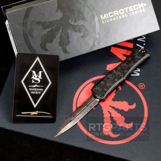 Picture of MICROTECH HERA II MINI SIGNATURE SERIES, D/E BAYONET OTF, BLUED VEGAS FORGE DAMASCUS, CLAW BURST DEEP ENGRAVED, 3 INCH, 1701M-16MS2