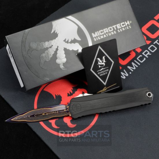 Picture of MICROTECH CYPHER II MARFIONE SELECT D/E BLUED BAKER FORGE COPPERMAI DAMASCUS, BLACK AIRCRAFT ALLOY W/ BLUE TITANIUM ACCENTS, 1242-16MS2