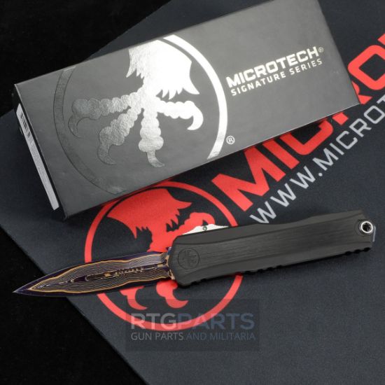 Picture of MICROTECH CYPHER II MARFIONE SELECT D/E BLUED BAKER FORGE COPPERMAI DAMASCUS, BLACK AIRCRAFT ALLOY W/ BLUE TITANIUM ACCENTS, 1242-16MS2