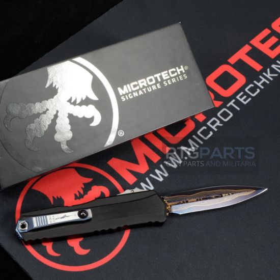 Picture of MICROTECH CYPHER II MARFIONE SELECT D/E BLUED BAKER FORGE COPPERMAI DAMASCUS, BLACK AIRCRAFT ALLOY W/ BLUE TITANIUM ACCENTS, 1242-16MS2