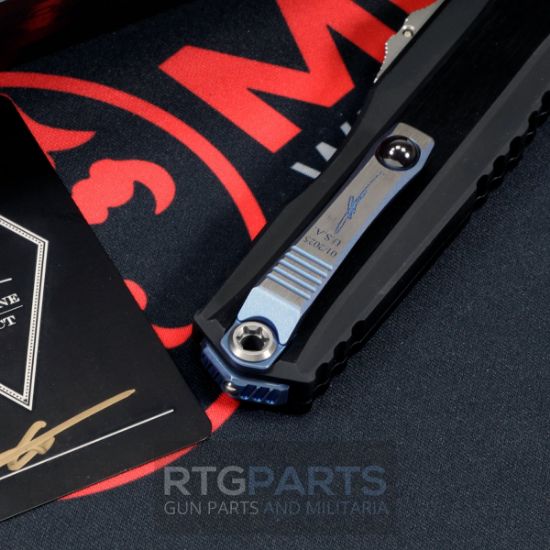 Picture of MICROTECH CYPHER II MARFIONE SELECT D/E BLUED BAKER FORGE COPPERMAI DAMASCUS, BLACK AIRCRAFT ALLOY W/ BLUE TITANIUM ACCENTS, 1242-16MS2