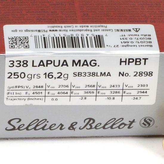 Picture of SELLIER & BELLOT MATCH .338 LAPUA 250GR BOAT TAIL HOLLOW POINT, 10RD/BOX