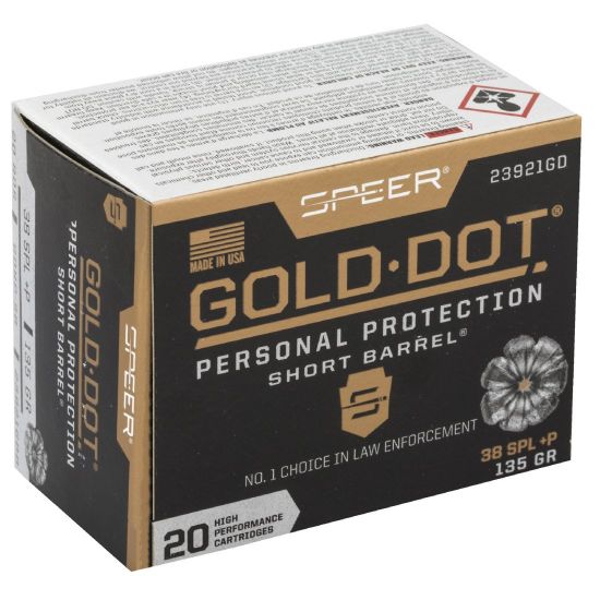 Speer Ammunition, Speer Gold Dot, Personal Protection, 38 Special, 135 Grain, Hollow Point, +P, 20 Round Box, 604544647372, AMMO-23921GD, RTG Parts
