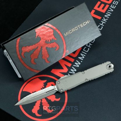 Picture of MICROTECH ULTRATECH GEN III ZERO BLADE PLAY OTF AUTOMATIC KNIFE, NATURAL CLEAR, 3.5" M390 D/E DAGGER, FULL SERRATED, APOCALYPTIC, 1122-12APNC