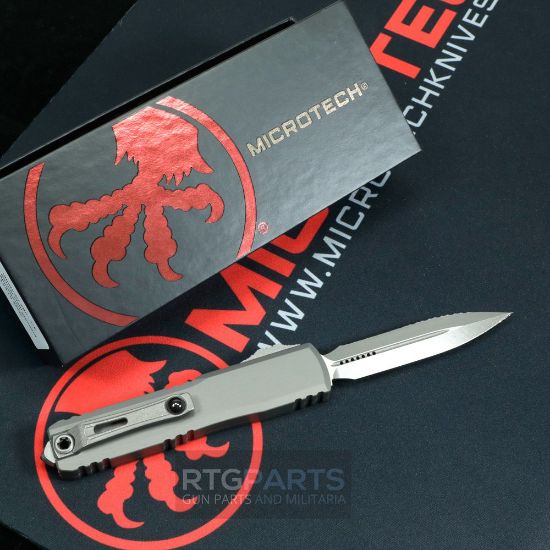 Picture of MICROTECH ULTRATECH GEN III ZERO BLADE PLAY OTF AUTOMATIC KNIFE, NATURAL CLEAR, 3.5" M390 D/E DAGGER, FULL SERRATED, APOCALYPTIC, 1122-12APNC