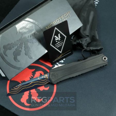 Picture of MICROTECH CYPHER II MARFIONE SELECT, S/E WHARNCLIFFE, BLUED BAKER FORGE COPPERMAI DAMASCUS, BLACK AIRCRAFT ALLOY, BLUE TITANIUM ACCENTS, 1241-16MS1