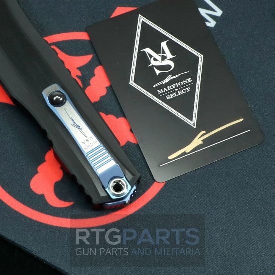 Picture of MICROTECH CYPHER II MARFIONE SELECT, S/E WHARNCLIFFE, BLUED BAKER FORGE COPPERMAI DAMASCUS, BLACK AIRCRAFT ALLOY, BLUE TITANIUM ACCENTS, 1241-16MS1