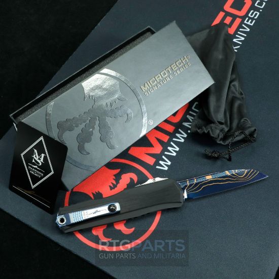 Picture of MICROTECH CYPHER II MARFIONE SELECT, S/E WHARNCLIFFE, BLUED BAKER FORGE COPPERMAI DAMASCUS, BLACK AIRCRAFT ALLOY, BLUE TITANIUM ACCENTS, 1241-16MS1