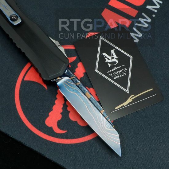 Picture of MICROTECH CYPHER II MARFIONE SELECT, S/E WHARNCLIFFE, BLUED BAKER FORGE COPPERMAI DAMASCUS, BLACK AIRCRAFT ALLOY, BLUE TITANIUM ACCENTS, 1241-16MS1