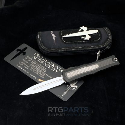Picture of MARFIONE CUSTOM ATREUS ZBP OTF AUTOMATIC KNIFE, 4" M390 D/E DAGGER MIRROR POLISH W/ TITANIUM INLAY, MIL-SPEC ALLOY W/ CARBON FIBER & TITANIAUM, 1290-HPCFTI-MCK