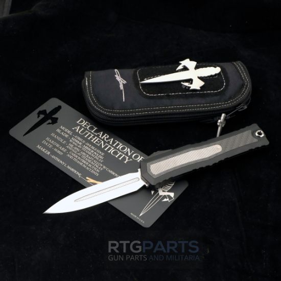 Picture of MARFIONE CUSTOM ATREUS ZBP OTF AUTOMATIC KNIFE, 4" M390 D/E DAGGER MIRROR POLISH W/ TITANIUM INLAY, MIL-SPEC ALLOY W/ CARBON FIBER & TITANIAUM, 1290-HPCFTI-MCK