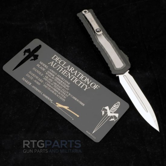 Picture of MARFIONE CUSTOM ATREUS ZBP OTF AUTOMATIC KNIFE, 4" M390 D/E DAGGER MIRROR POLISH W/ TITANIUM INLAY, MIL-SPEC ALLOY W/ CARBON FIBER & TITANIAUM, 1290-HPCFTI-MCK