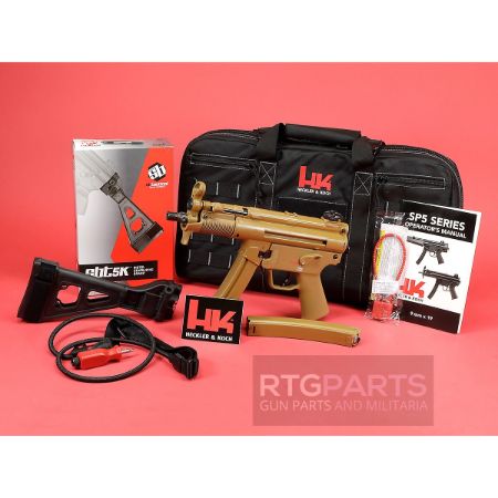 HK FDE SP5K With Brace Combo, Heckler & Koch, SP5K, Pistol, Semi-automatic, 9MM,  Threaded Barrel, Steel Receiver, Black, Polymer Pistol Grip, Iron Sights, 2x 30rd Mags, Ambidextrous, RAL8000, RAL-8000, 642230269965, FFL-HKK-81001076, RTG Parts