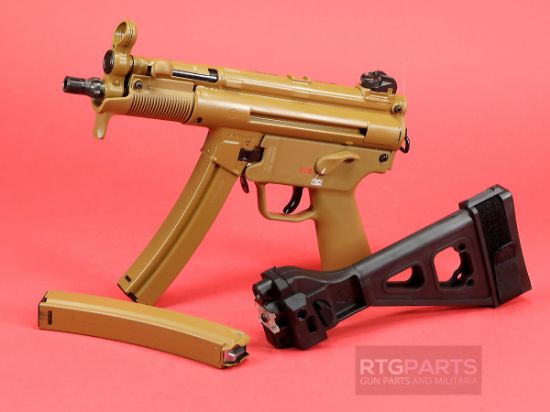 HK FDE SP5K With Brace Combo, Heckler & Koch, SP5K, Pistol, Semi-automatic, 9MM,  Threaded Barrel, Steel Receiver, Black, Polymer Pistol Grip, Iron Sights, 2x 30rd Mags, Ambidextrous, RAL8000, RAL-8000, 642230269965, FFL-HKK-81001076, RTG Parts