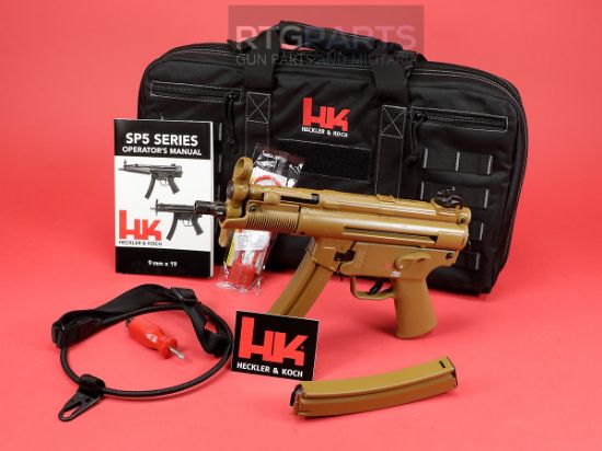 HK FDE SP5K With Brace Combo, Heckler & Koch, SP5K, Pistol, Semi-automatic, 9MM,  Threaded Barrel, Steel Receiver, Black, Polymer Pistol Grip, Iron Sights, 2x 30rd Mags, Ambidextrous, RAL8000, RAL-8000, 642230269965, FFL-HKK-81001076, RTG Parts