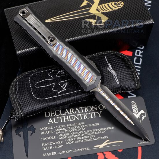 Picture of MARFIONE CUSTOM ATREUS ZBP DOUBLE EDGE CRYO ICE W/ FLAMED 6AL-4V TITANIUM INLAY, MIL-SPEC ALLOY HANDLE W/ CARBON FIBER & FLAMED TITANIUM, 1290-CICFTIFL-MCK