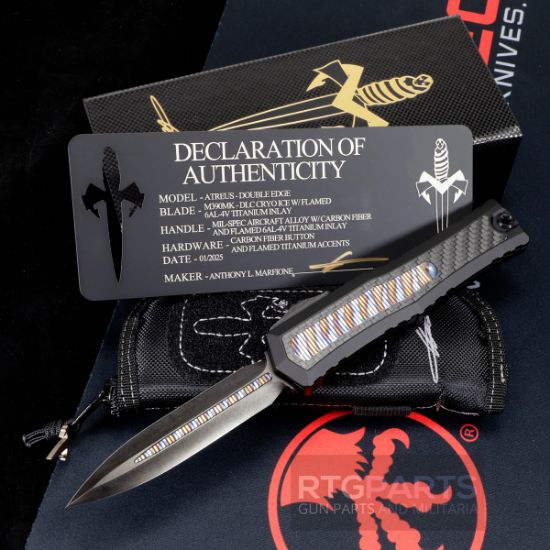 Picture of MARFIONE CUSTOM ATREUS ZBP DOUBLE EDGE CRYO ICE W/ FLAMED 6AL-4V TITANIUM INLAY, MIL-SPEC ALLOY HANDLE W/ CARBON FIBER & FLAMED TITANIUM, 1290-CICFTIFL-MCK