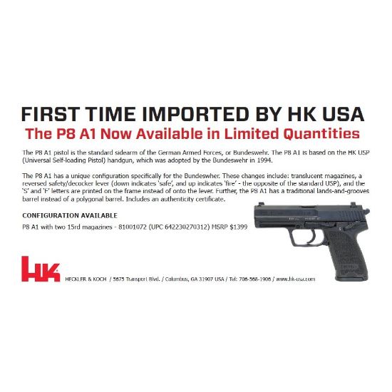 Picture of HK P8 A1, DA/SA 9MM, BUNDESWEHR VERSION OF THE USP, LETTER OF AUTHENTICITY
