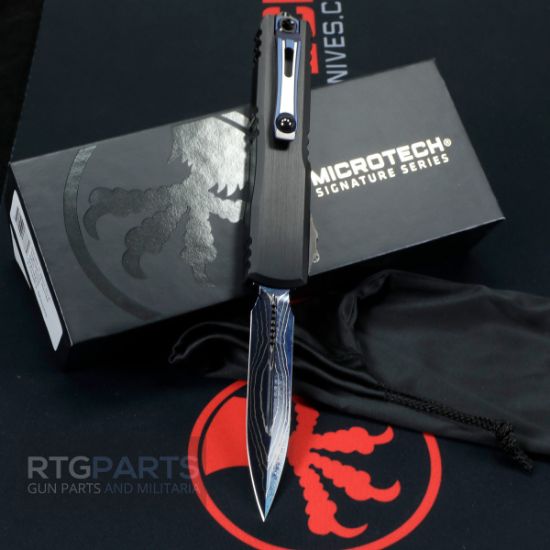 Picture of MICROTECH ULTRATECH GEN III ZBP, MARFIONE SELECT, BAKER FORGE, ICESTORM DAMASCUS, DLC HARDWARE & BLUE TITANIUM ACCENTS, 3.5" D/E DAGGER, 1122-16MS2