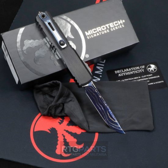 Picture of MICROTECH ULTRATECH GEN III ZBP, MARFIONE SELECT, BAKER FORGE, COPPERMAI DAMASCUS, DLC HARDWARE & BLUE TITANIUM ACCENTS, 3.5" CLIP POINT S/E, 1121-16MS2
