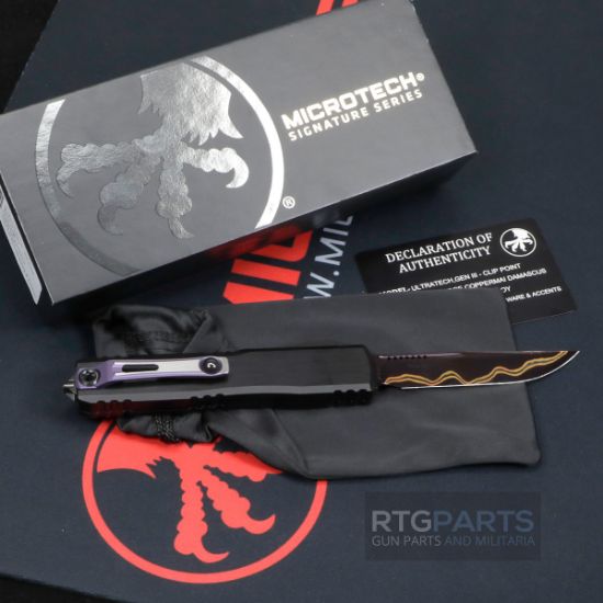 Picture of MICROTECH ULTRATECH GEN III ZBP, MARFIONE SELECT, BAKER FORGE, COPPERMAI DAMASCUS, DLC HARDWARE & PURPLE TITANIUM ACCENTS, 3.5" CLIP POINT S/E, 1121-16MS3