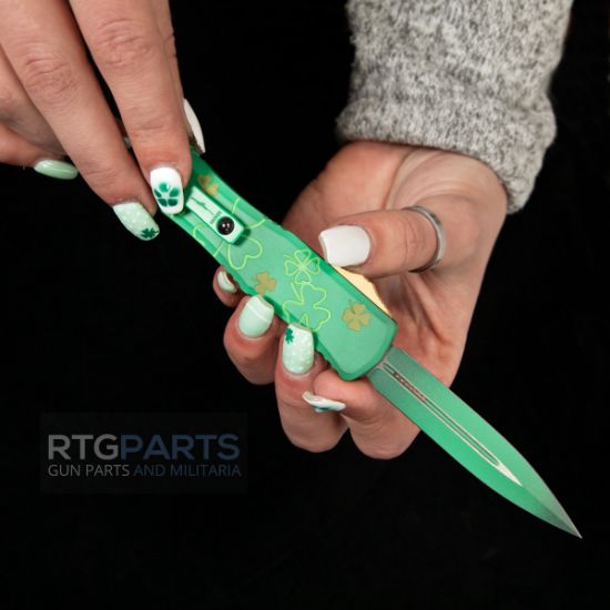 Picture of MICROTECH HERA II MINI D/E OTF, AUTOMATIC KNIFE, 3 INCH, ST. PATRICKS DAY GREEN SIGNATURE SERIES, 1702M-1SPDGRS