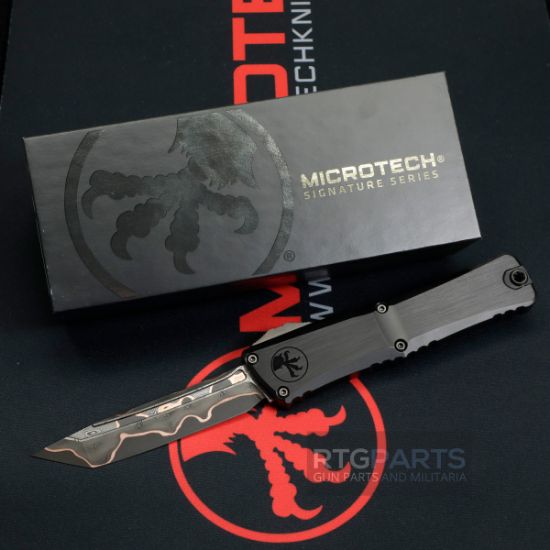Picture of MICROTECH COMBAT TROODON MARFIONE SELECT T/E, BAKER FORGE COPPERMAI DAMASCUS, BLACK DLC HARD CUT HANDLE, 1144-16MS1