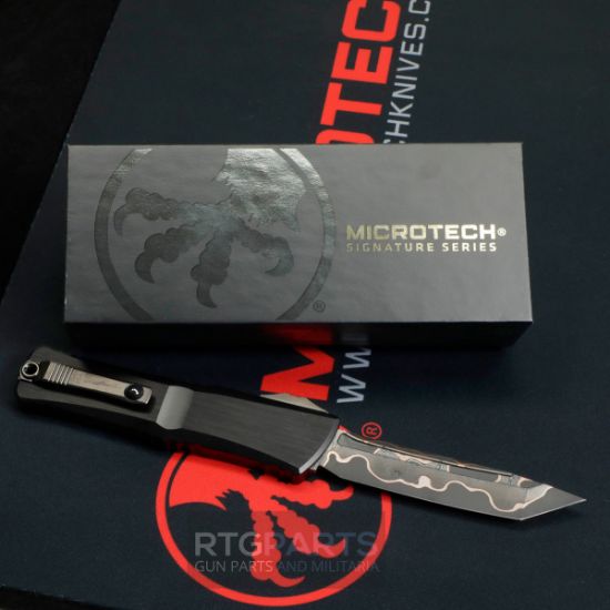 Picture of MICROTECH COMBAT TROODON MARFIONE SELECT T/E, BAKER FORGE COPPERMAI DAMASCUS, BLACK DLC HARD CUT HANDLE, 1144-16MS1