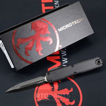 Picture of MICROTECH ULTRATECH GEN III ZERO BLADE PLAY OTF AUTOMATIC KNIFE, BLACK, 3.5" M390 D/E DAGGER, FULL SERRATED, BLACK TACTICAL, 1122-3T