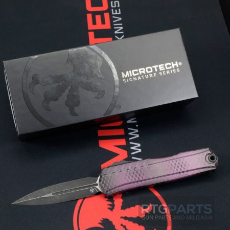 Picture of MICROTECH CYPHER II D/E OTF AUTOMATIC KNIFE, PURPLE X-51 STANDARD, 3.5 INCH BLACK DAGGER, 1242-1PUX51S