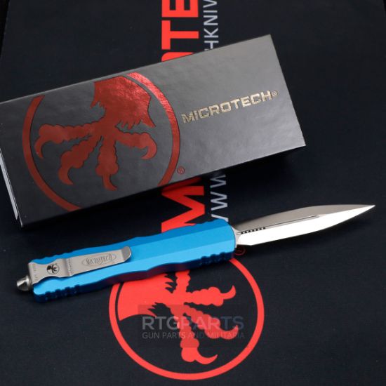 Picture of MICROTECH DIRAC DELTA D/E OTF AUTOMATIC KNIFE, BLUE, 3.75 INCH, SATIN DAGGER, 227-4BL