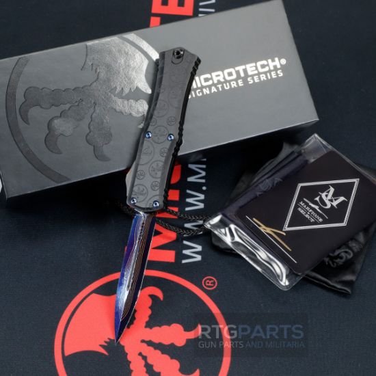 Microtech Hera II Mini, Marfione Select, Claw Burst, Deep Engraved, Blued Coppermai Damascus, OTF, Automatic Knife, 3 Inch, Double Edge, Dagger, Titanium Clip, Hard Cut DLC Blued Hardware, 100% Made in the USA, 1702M-16MS3