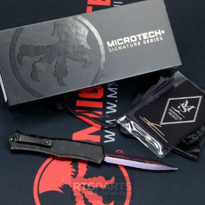 Microtech Hera II Mini, Marfione Select, Claw Burst, Deep Engraved, Purple Baker Forge Coppermai Damascus, OTF, Automatic Knife, 3 Inch, Double Edge, Dagger, Titanium Clip, Hard Cut DLC Purple Hardware, 100% Made in the USA, 1702M-16MS5