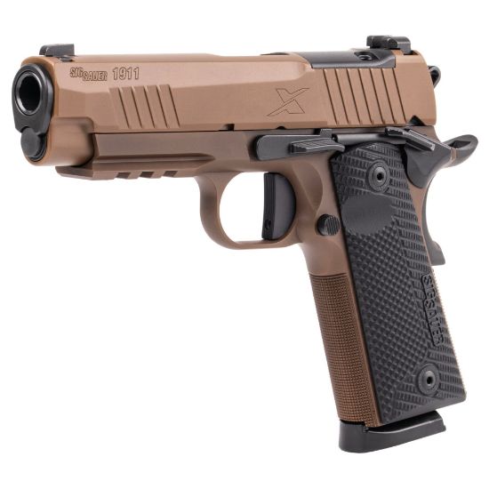 Sig Sauer, 1911 X Carry, Single Action Only, Semi-automatic, Commander Size, 45ACP, 4.25" Barrel, DLC Finish, Black and Coyote, Optics Ready, G10 Grips, XRay3 Day/Night Sights, Ambidextrous Safety, 8 Rounds, 2 Magazines, 798681688449, FFL-1911XCA-45-CXR3, RTG Parts