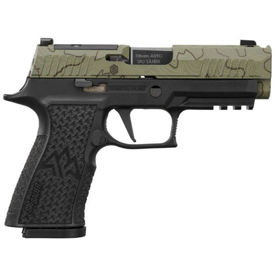 Sig Sauer, P320, XTEN Endure Comp, Striker Fired, Semi-Automatic, Polymer Frame Pistol, 10MM, 3.8" Barrel with Integral Port, Cerakote Finish, Moss Green Slide with Topographic Laser Etched Pattern, Black Frame, Optics Ready, XRAY3 Day/Night Sights, 15 Rounds, 3 Magazines, 798681692729, FFL-SIG-320XCA-10-COMP-CW, RTG Parts