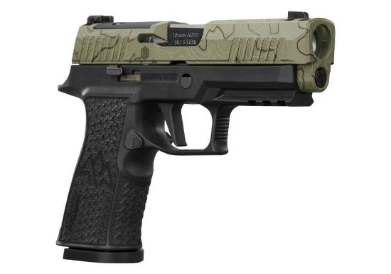 Sig Sauer, P320, XTEN Endure Comp, Striker Fired, Semi-Automatic, Polymer Frame Pistol, 10MM, 3.8" Barrel with Integral Port, Cerakote Finish, Moss Green Slide with Topographic Laser Etched Pattern, Black Frame, Optics Ready, XRAY3 Day/Night Sights, 15 Rounds, 3 Magazines, 798681692729, FFL-SIG-320XCA-10-COMP-CW, RTG Parts
