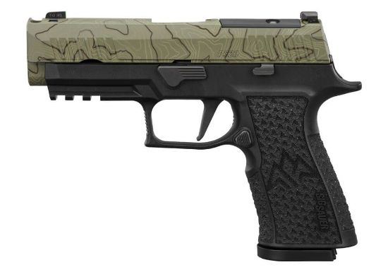 Sig Sauer, P320, XTEN Endure Comp, Striker Fired, Semi-Automatic, Polymer Frame Pistol, 10MM, 3.8" Barrel with Integral Port, Cerakote Finish, Moss Green Slide with Topographic Laser Etched Pattern, Black Frame, Optics Ready, XRAY3 Day/Night Sights, 15 Rounds, 3 Magazines, 798681692729, FFL-SIG-320XCA-10-COMP-CW, RTG Parts