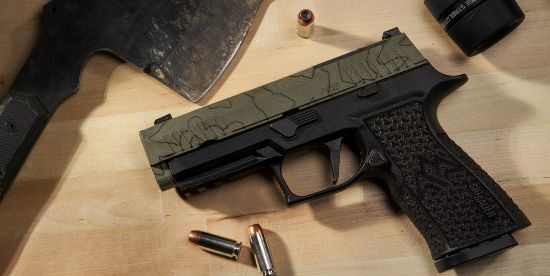 Sig Sauer, P320, XTEN Endure Comp, Striker Fired, Semi-Automatic, Polymer Frame Pistol, 10MM, 3.8" Barrel with Integral Port, Cerakote Finish, Moss Green Slide with Topographic Laser Etched Pattern, Black Frame, Optics Ready, XRAY3 Day/Night Sights, 15 Rounds, 3 Magazines, 798681692729, FFL-SIG-320XCA-10-COMP-CW, RTG Parts