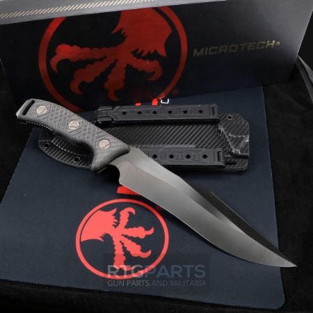 Microtech Signature Series, Arbiter, Fixed Blade Knife, 8.75 Inch, DLC Finish, Carbon Fiber Handle, Carbon Pattern Kydex Sheath, 5.6 Inch Handle, Full Tang, M390, Combat Knife, Made in the USA, 841768148784, 104-1DLCCFS, RTG Parts