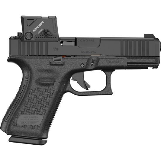 GLOCK, 19 M.O.S., Gen 5,  Compact, 9MM, 4.02" Marksman Barrel, nDLC Finish, Black, MOS8 Optic Cut, Aimpoint COA Optic Mounted, Black Front Sight, Rear Wedge Sight, Front Serrations, Ambidextrous Slide Stop Lever, Flared Mag Well, No Finger Grooves, Three 15rd Magazines, 764503064883, FFL-GLOCK-PA195SB03MOS8A3, RTG Parts