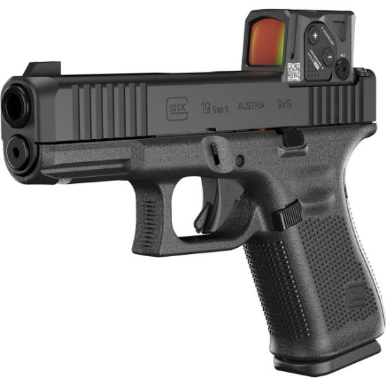 GLOCK, 19 M.O.S., Gen 5,  Compact, 9MM, 4.02" Marksman Barrel, nDLC Finish, Black, MOS8 Optic Cut, Aimpoint COA Optic Mounted, Black Front Sight, Rear Wedge Sight, Front Serrations, Ambidextrous Slide Stop Lever, Flared Mag Well, No Finger Grooves, Three 15rd Magazines, 764503064883, FFL-GLOCK-PA195SB03MOS8A3, RTG Parts