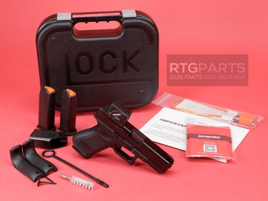 GLOCK, 19 M.O.S., Gen 5, Compact, 9MM, 4.02" Marksman Barrel, nDLC Finish, Black, MOS8 Optic Cut, Aimpoint COA Optic Mounted, Black Front Sight, Rear Wedge Sight, Front Serrations, Ambidextrous Slide Stop Lever, Flared Mag Well, No Finger Grooves, Three 15rd Magazines, 764503064883, FFL-GLOCK-PA195SB03MOS8A3, RTG Parts