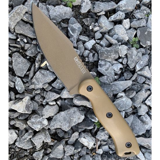 KA-BAR Knives, Becker Harpoon, Fixed Blade Knife, 4.625" Blade Length, 9.375" Overall Length, Matte Finish, Bronze, Drop Point, Plain Edge, 1095 Cro-Van Steel, Brown Polymer Handle, Includes Celcon Sheath
