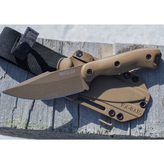 KA-BAR Knives, Becker Harpoon, Fixed Blade Knife, 4.625" Blade Length, 9.375" Overall Length, Matte Finish, Bronze, Drop Point, Plain Edge, 1095 Cro-Van Steel, Brown Polymer Handle, Includes Celcon Sheath