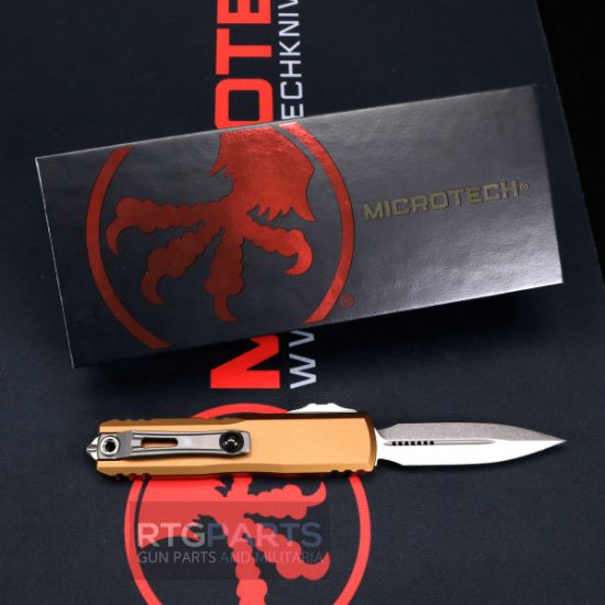 Picture of MICROTECH UTX-85 GEN III OTF AUTOMATIC KNIFE, TAN, 3.125" M390 D/E DAGGER, STONEWASH, 1232-10TA