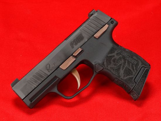 Sig Sauer, P365 Rose, Sub-Compact, 380 ACP, 3.1" Barrel, Nitron Finish, Black with Rose Gold Controls and Engraving, X-Ray Night Sights, Rose Gold Romeo Zero Elite Red Dot Optic, Manual Safety, 2x10rd Mags, Includes Rose Laser Engraved Grip Module, Rose Kit Including Vaultek Lifepod Pistol Safe, Dummy Rounds, and Quick Start Guide, 798681679966, FFL: SIG-365-380-ROSE-MS, RTG Parts