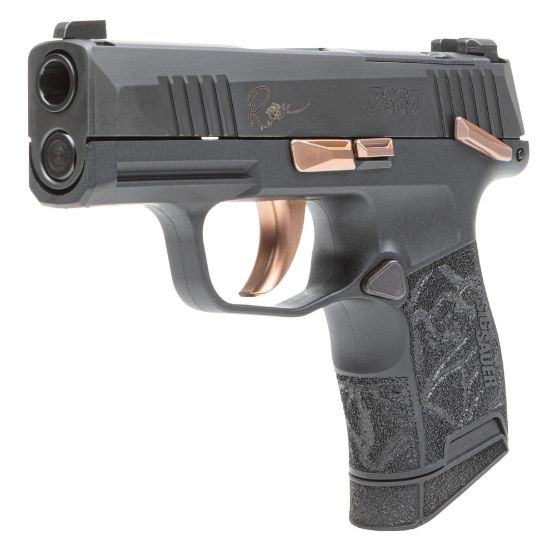 Sig Sauer, P365 Rose, Sub-Compact, 380 ACP, 3.1" Barrel, Nitron Finish, Black with Rose Gold Controls and Engraving, X-Ray Night Sights, Rose Gold Romeo Zero Elite Red Dot Optic, Manual Safety, 2x10rd Mags, Includes Rose Laser Engraved Grip Module, Rose Kit Including Vaultek Lifepod Pistol Safe, Dummy Rounds, and Quick Start Guide, 798681679966, FFL: SIG-365-380-ROSE-MS, RTG Parts